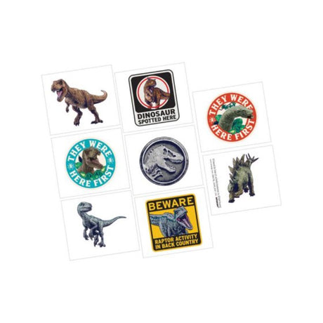 Pack of 8 vibrant temporary tattoos featuring dinosaurs like T-Rex and triceratops for kids' fun and parties.