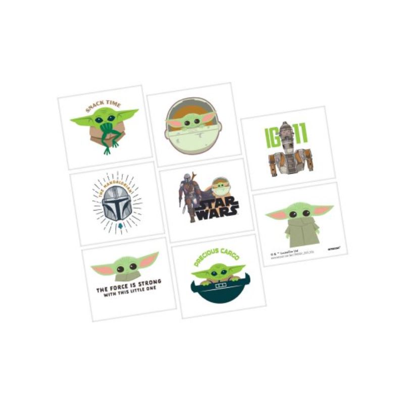Pack of 8 Mandalorian temporary tattoos featuring Grogu and iconic symbols for Star Wars fans of all ages.