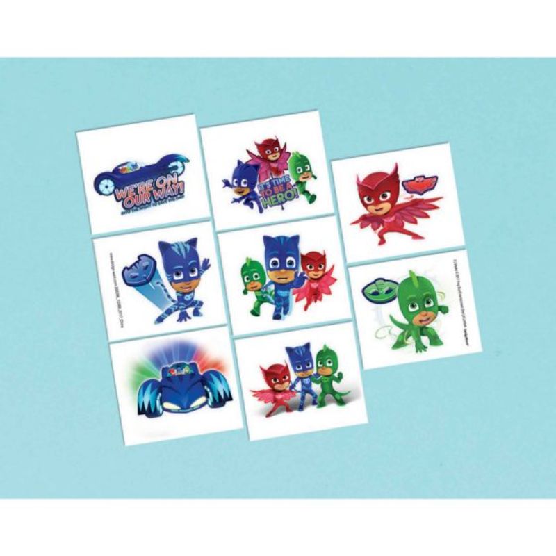 Pack of 8 PJ Masks temporary tattoos featuring characters from the popular kids' series.