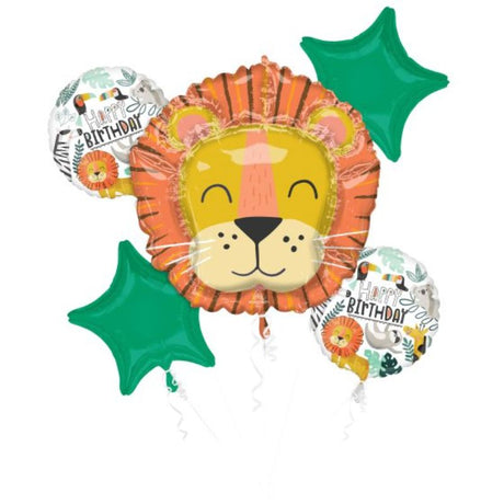 Pack of 5 vibrant self-sealing foil balloons for birthday celebrations, featuring one unique shape and four standard balloons.