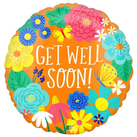 Vibrant 45cm orange floral get well soon balloon, perfect for sending cheer and warmth during recovery.