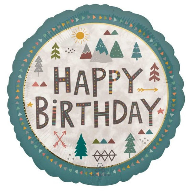 Jumbo HX Shape Wilderness Happy Birthday balloon with vibrant wilderness design, perfect for outdoor-themed parties.