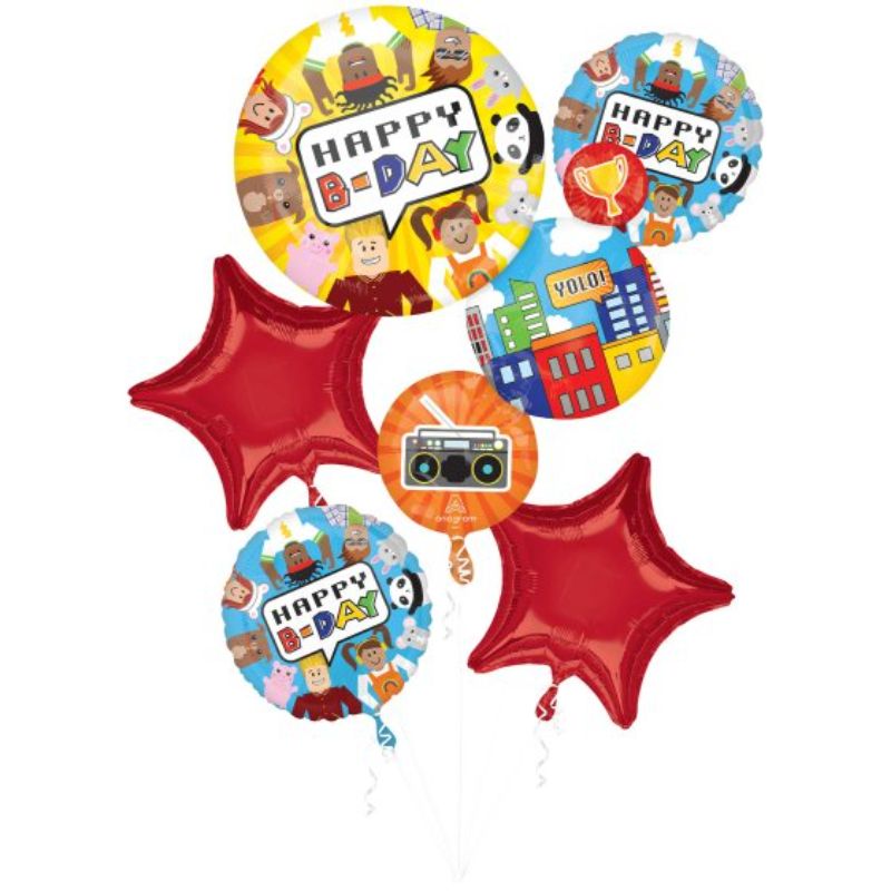 Vibrant pack of 5 'Happy Birthday' foil balloons, including 1 unique shape and 4 standard balloons for festive celebrations.