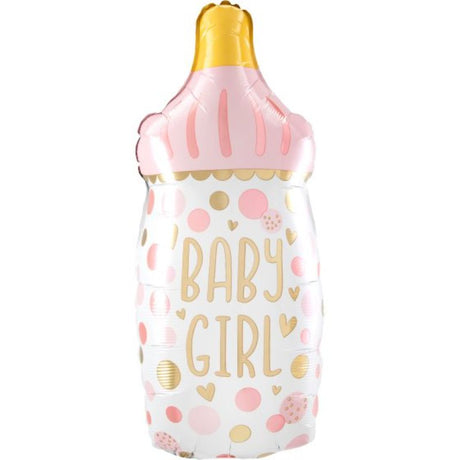 33cm x 79cm self-sealing foil balloon in the shape of a baby girl bottle, perfect for celebrations.