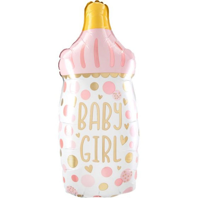 33cm x 79cm self-sealing foil balloon in the shape of a baby girl bottle, perfect for celebrations.