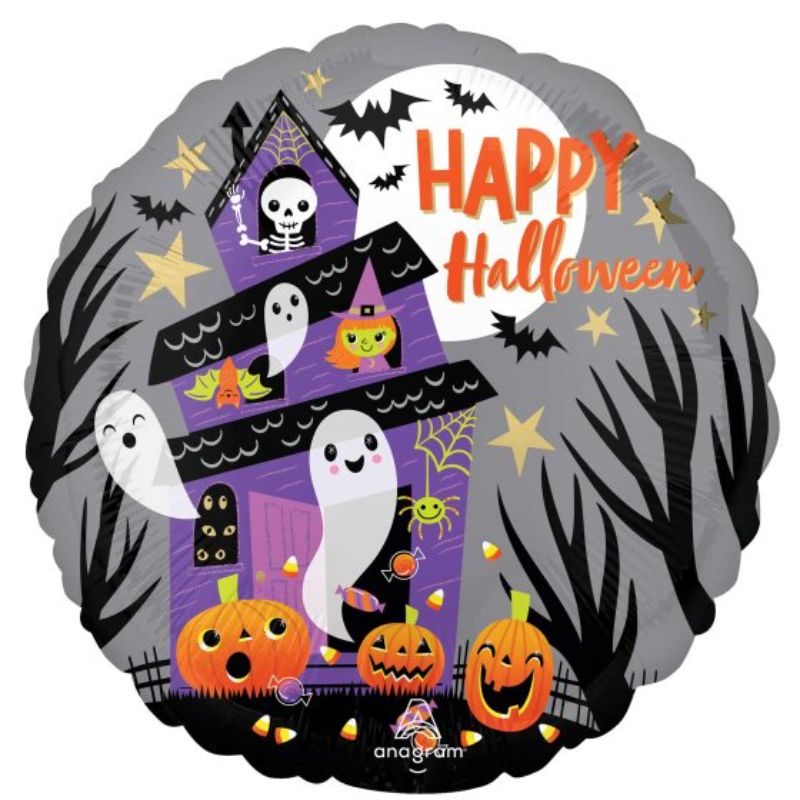 45cm haunted house balloon with spooky designs of ghosts and pumpkins, perfect for Halloween celebrations and decor.