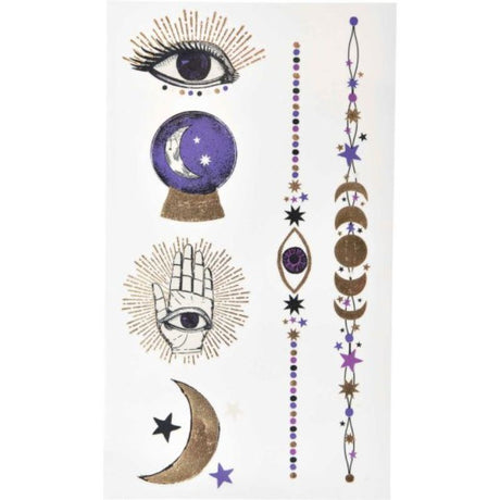 A pack of 12 enchanting temporary tattoos featuring fortune-telling designs like crystal balls and tarot cards.
