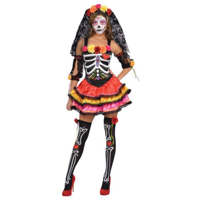 Vibrant Day of the Dead Senorita costume in size 16-18 with floral dress, thigh highs, sleevelets, choker, and veil headband.