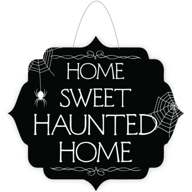 Home Sweet Haunted Home door sign in fun design, 30cm x 26cm, perfect for Halloween decor and welcoming guests.