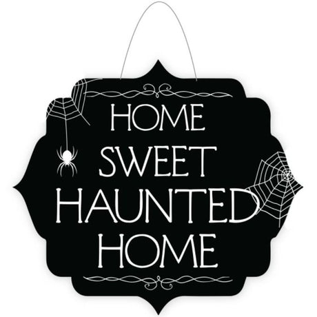 Home Sweet Haunted Home door sign in fun design, 30cm x 26cm, perfect for Halloween decor and welcoming guests.