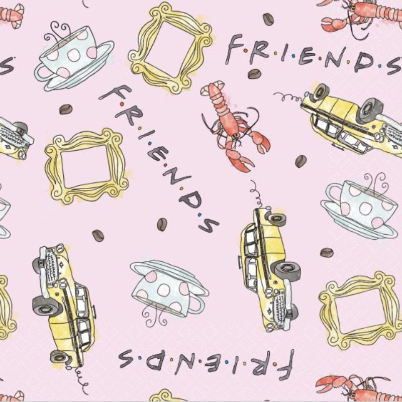 Pack of 16 Friends Lunch Napkins featuring vibrant designs inspired by the TV show, perfect for gatherings and meals.