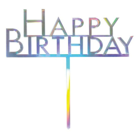 Colorful acrylic cake topper featuring 'Happy Birthday' in a rainbow design.