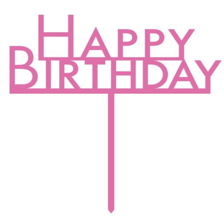 Bright pink acrylic cake topper with 'Happy Birthday' for festive celebrations, lightweight and glossy finish.