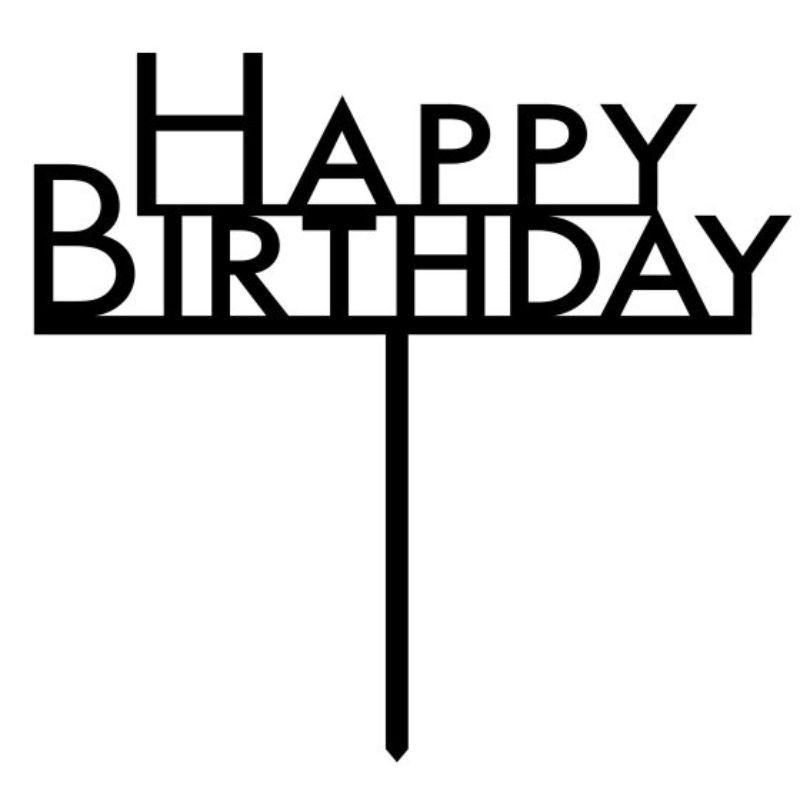Elegant black acrylic cake topper that reads 'Happy Birthday', perfect for elevating birthday celebrations.