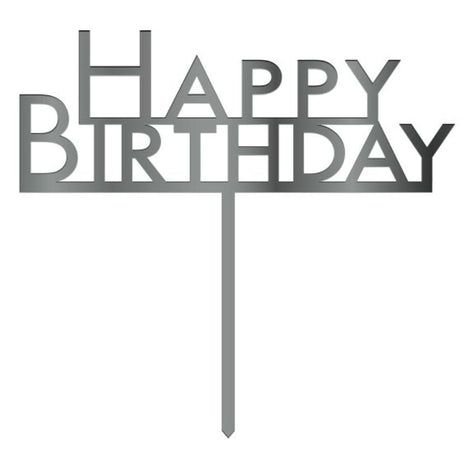 Silver acrylic cake topper with 'Happy Birthday' design for festive celebrations.