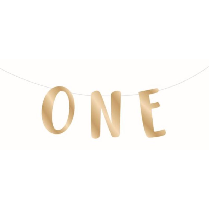 Gold 'ONE' letter banner for 1st birthday celebrations, made of cardboard, measuring 2 meters long.