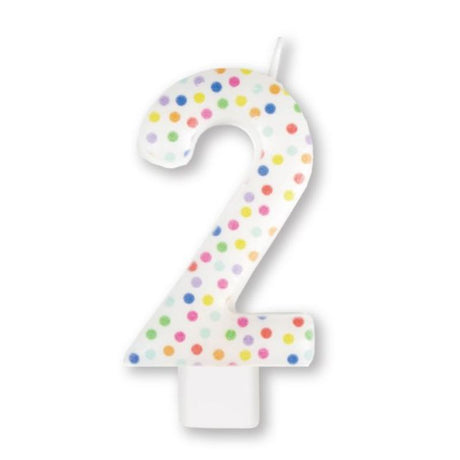 Vibrant #2 rainbow dot numeral candle, 8cm tall, perfect for birthday or special occasion cake decorations.