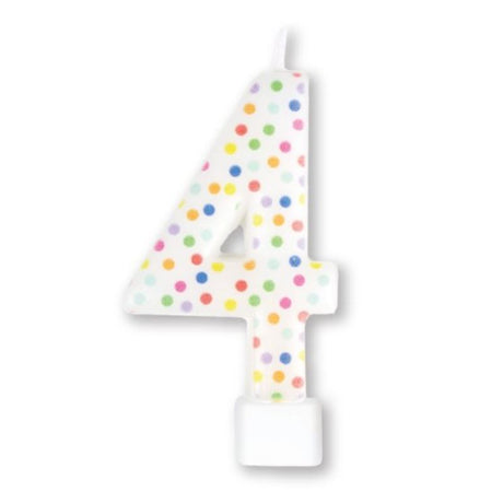 Vibrant 8cm numeral candle #4 with rainbow dots, perfect for birthdays and celebrations, adding charm and color to cakes.