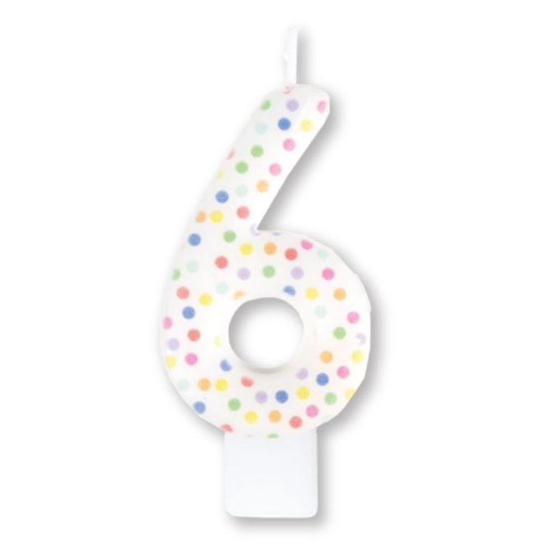 Colorful #6 candle with rainbow dots, 8cm tall, perfect for birthday cakes and celebrations.
