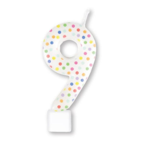 Colorful Candle Numeral #9 with rainbow dots for birthday cakes, measuring 8cm, perfect for celebrations.
