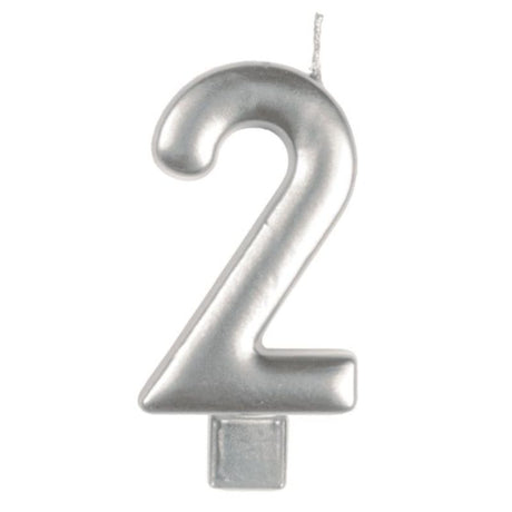 Elegant silver #2 numeral candle, 8cm tall, perfect for birthdays and celebrations, handcrafted for a delightful glow.