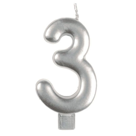 Elegant silver numeral candle #3 for birthdays and celebrations, measuring 8cm, burns cleanly and adds sophistication.