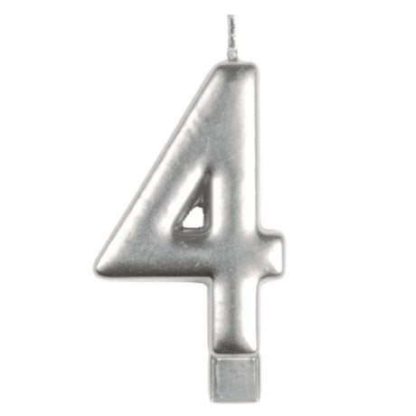 Elegant silver #4 numeral candle, 8cm, perfect for birthdays and anniversaries, adds sophistication to celebrations.