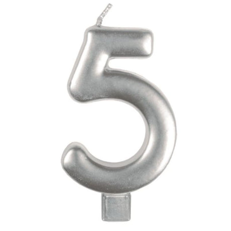 Elegant silver #5 candle numeral, 8cm tall, perfect for birthdays and anniversaries, adds sophistication to cake decor.