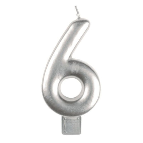 Silver #6 candle, 8cm tall, perfect for elegant birthday cake decorations and milestone celebrations.