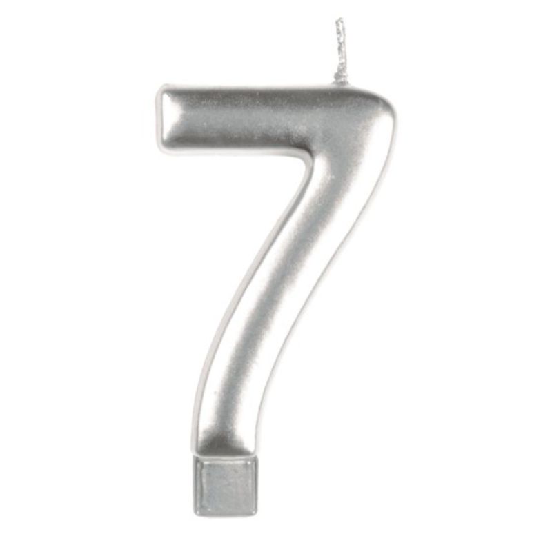 Elegant silver numeral candle #7, 8cm tall, perfect for birthdays and celebrations, adding a glamorous touch.