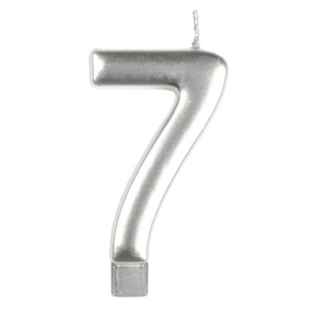 Elegant silver numeral candle #7, 8cm tall, perfect for birthdays and celebrations, adding a glamorous touch.