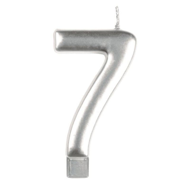 Elegant silver numeral candle #7, 8cm tall, perfect for birthdays and celebrations, adding a glamorous touch.