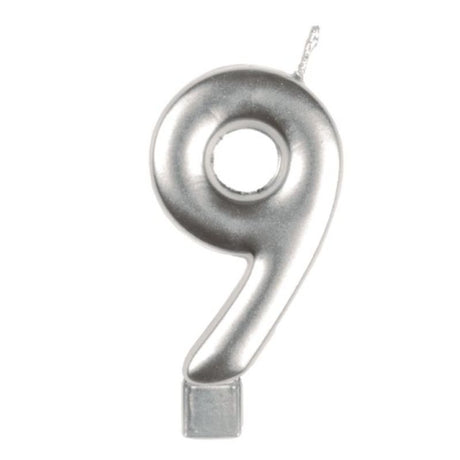 Gleaming silver numeral candle #9, 8cm tall, perfect for birthday cakes and milestone celebrations, adds elegance to any event.