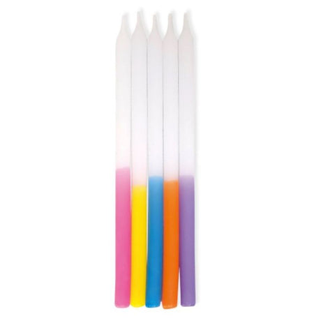 Pack of 10 Rainbow Ombre Taper Candles, 12cm tall, vibrant gradient colors perfect for decor and celebrations.