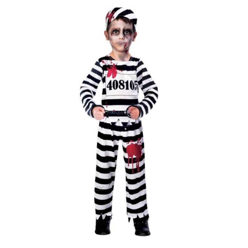 Zombie Convict costume for boys aged 7-8 with eerie top, trousers, and hat, perfect for Halloween or dress-up fun.