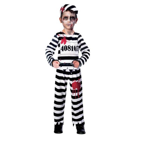 Zombie Convict costume for boys aged 7-8 with eerie top, trousers, and hat, perfect for Halloween or dress-up fun.