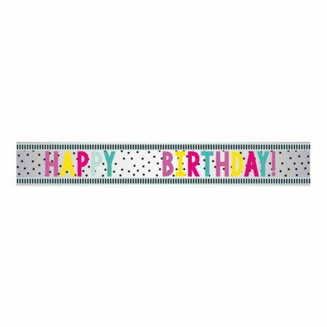 Vibrant 1.8m Happy Birthday Foil Banner with colorful dots and customizable age feature for festive celebrations.