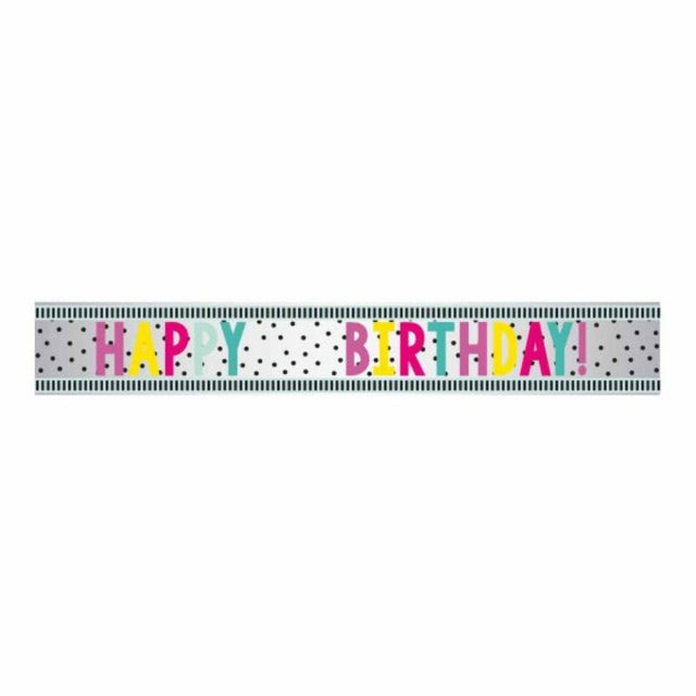 Vibrant 1.8m Happy Birthday Foil Banner with colorful dots and customizable age feature for festive celebrations.