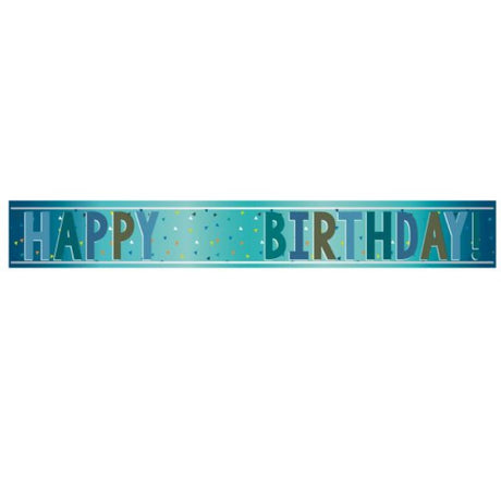 Happy Birthday blue foil banner, 1.8m long, customizable age feature for celebrations.