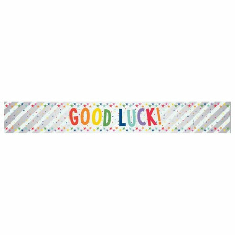 Vibrant 2.7m multi-coloured foil banner wishing good luck, perfect for celebrations and events.