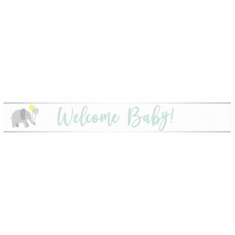 Welcome Baby Blue Foil Banner, 2.7m long, shimmering blue decoration for baby showers and newborn celebrations.