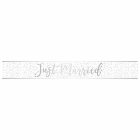 Just Married Silver Foil Banner, 2.7m, elegant wedding decoration adding glamour to celebrations.