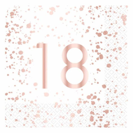 Elegant pack of 16 rose gold lunch napkins, perfect for celebrations and stylish table settings.