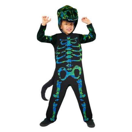 Vibrant skeleton dinosaur jumpsuit and headpiece for kids aged 8-10, perfect for Halloween and imaginative play.