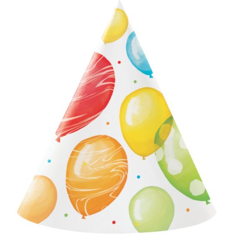 Cone-shaped birthday hats with colorful balloon design, perfect for festive celebrations and parties, pack of 8.