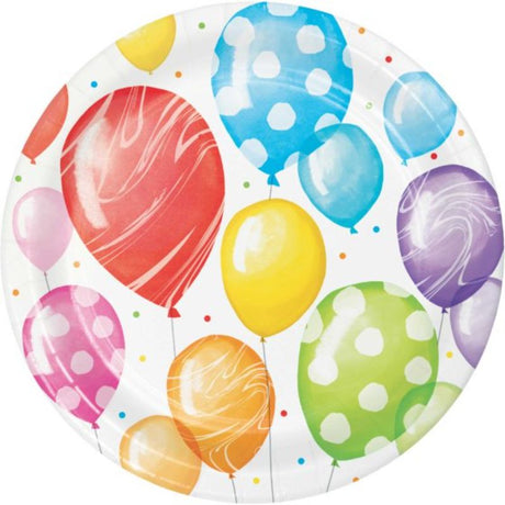 Colorful 18cm disposable paper plates with balloon designs, perfect for serving meals at birthday parties, pack of 8.