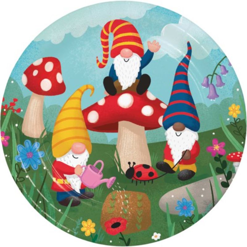 Pack of 8 whimsical 22cm paper dinner plates featuring playful gnomes, perfect for kids' parties and festive gatherings.