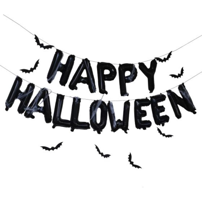 Fright Night Balloon Bunting for Halloween with 16-inch 'Happy Halloween' balloons and card bats, eco-friendly decor.