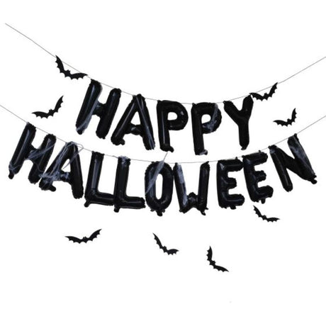 Fright Night Balloon Bunting for Halloween with 16-inch 'Happy Halloween' balloons and card bats, eco-friendly decor.