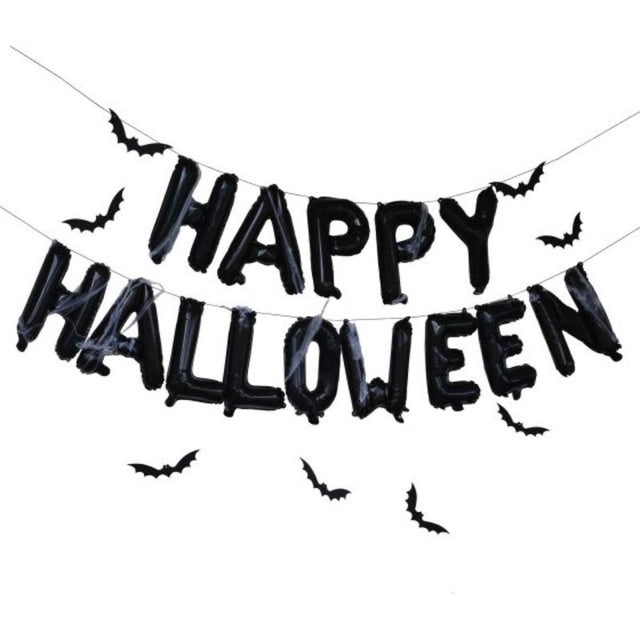 Fright Night Balloon Bunting for Halloween with 16-inch 'Happy Halloween' balloons and card bats, eco-friendly decor.